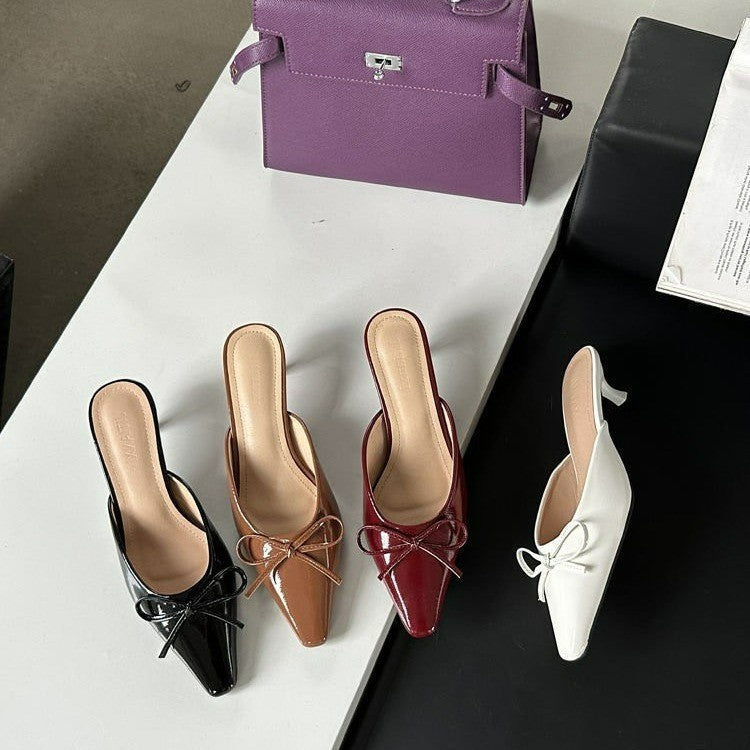 Amazon 2024 new bow-tie stiletto heel slippers - plus size, wine red, outdoor wear, retro pointed-toe mules