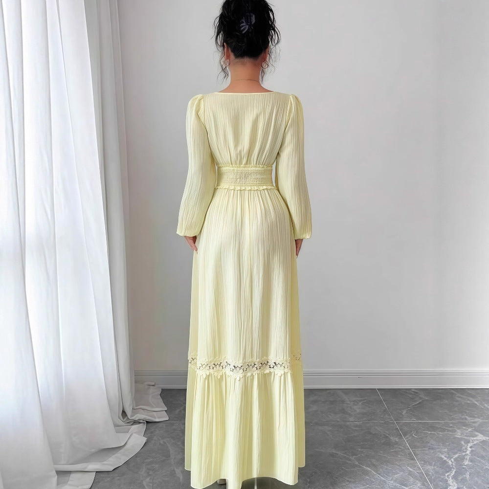 European and american cross-border women's fashion:  early autumn new arrival - solid color long sleeve u-neck lace trim patchwork cinched waist maxi dress