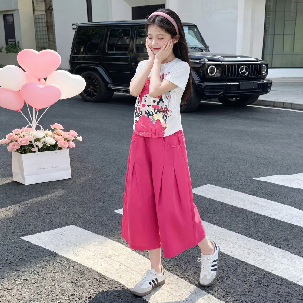 Girls' summer outfit : trendy and stylish short-sleeve two-piece set for girls (sizes for mid-to-large children) - dopamine summer collection