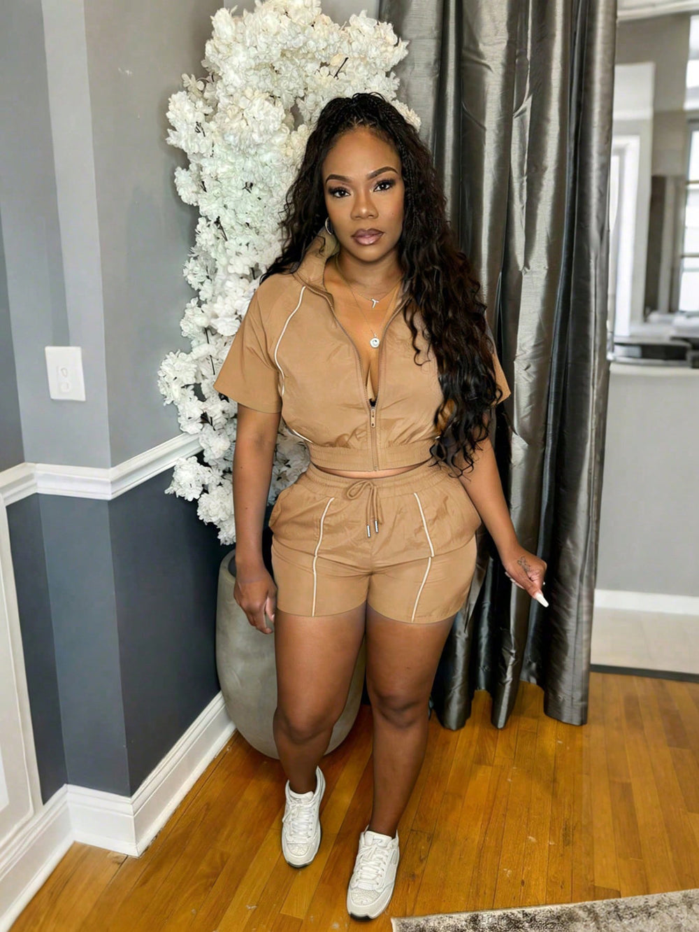 S391521 european and american fashion women's woven color block top and wide-leg elastic waist button-up sport shorts two-piece set