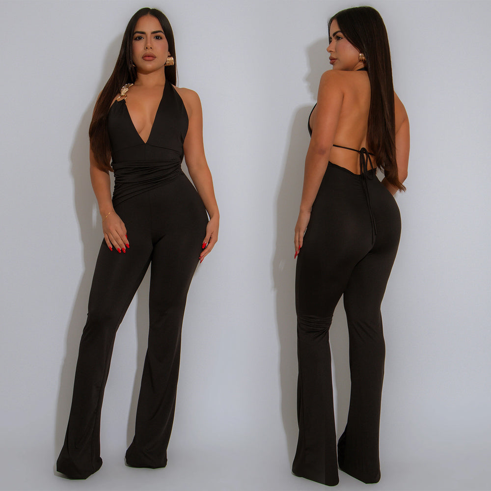 C7329 cross-border   fashion women's strappy sexy deep v halter neck solid color jumpsuit new
