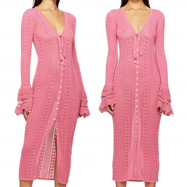 Love you Xu Ruohan Shen Xifan, the same light green V-neck horn water sleeve lace-up long knitted cardigan hollow woman