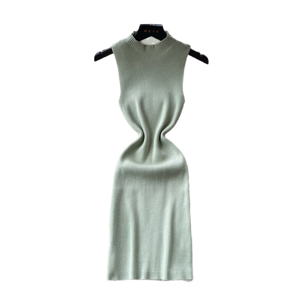Sophisticated and elegant, this sleeveless, mock-neck knit dress is perfect for women's summer wear. featuring a korean-inspired design, this figure-flattering a-line dress is ideal for both work and casual outings
