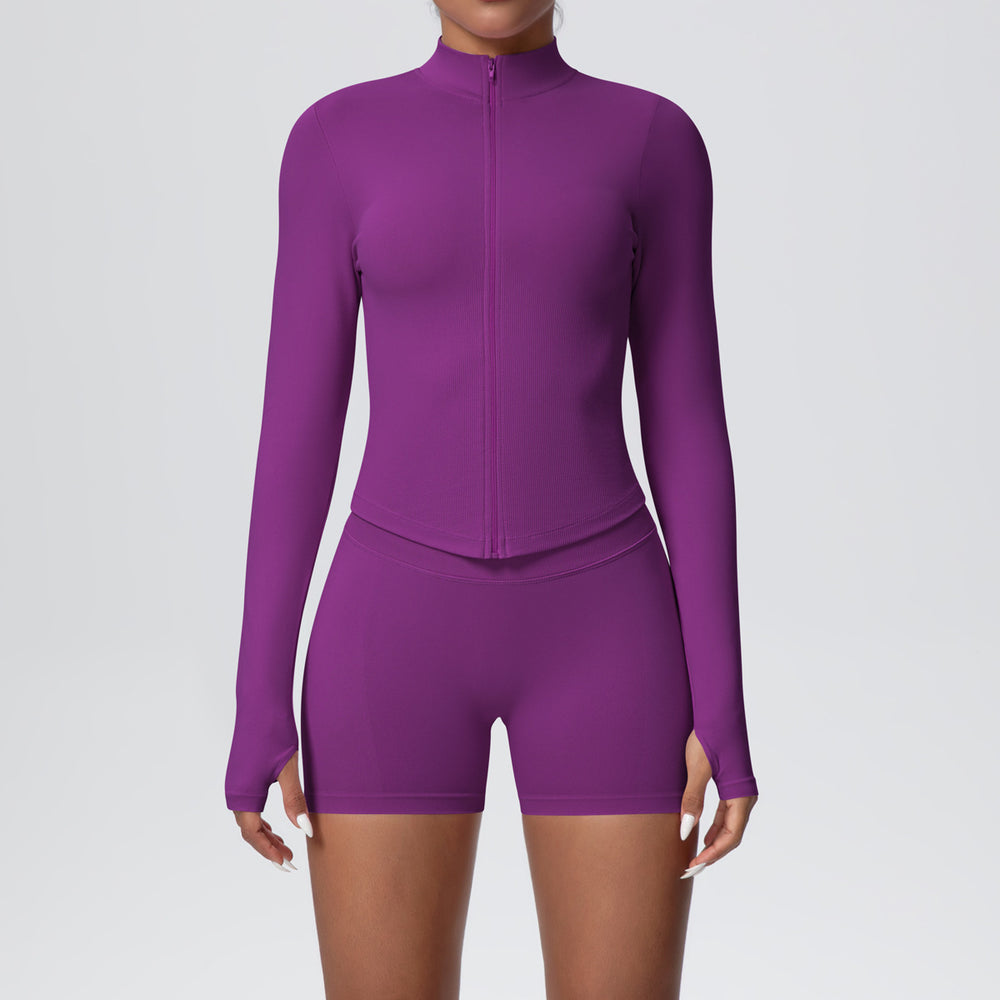 New seamless stand collar knit long sleeve zipper yoga outfit high waist tight sports outdoor running fitness set for women