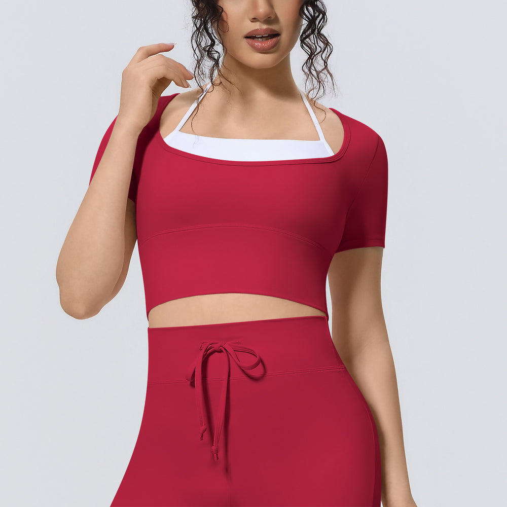 Cloud-feel two-piece look yoga top with built-in bra pads - perfect for outdoor running, fitness, pilates, and activewear