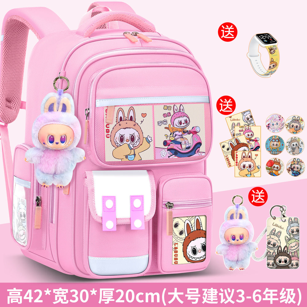 2026 new labubu backpack for girls, elementary school students grades 1-6, boys' lightweight kids' backpack, spine protection, and weight reduction