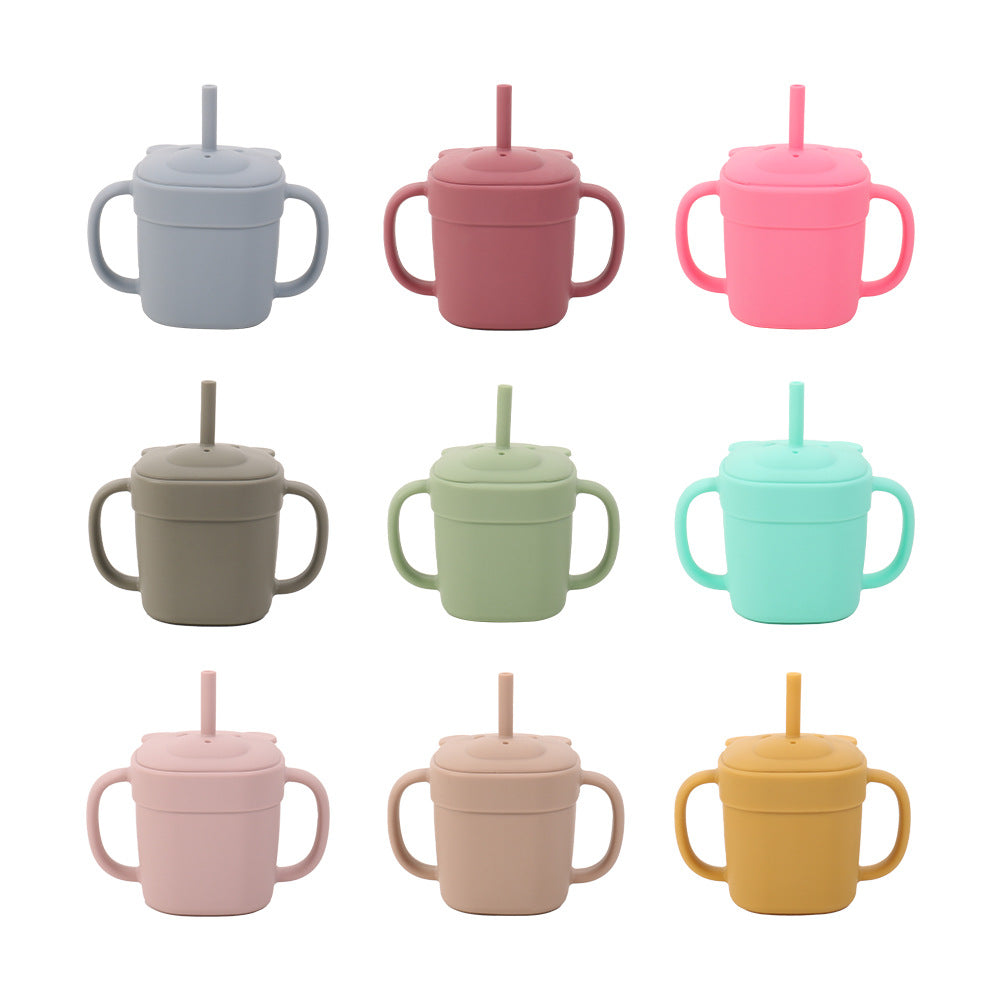 Children's silicone straw cup Baby bear baby drinking milk drinking cup Double handle anti-drop silicone feeding tableware