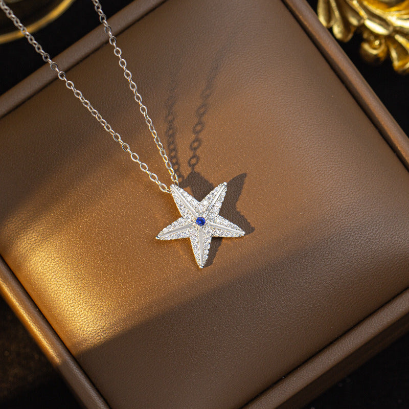 European and american cross-border popular titanium steel five-pointed star necklace for women, light luxury full diamond, high-end copper, slightly inlaid sweater chain jewelry