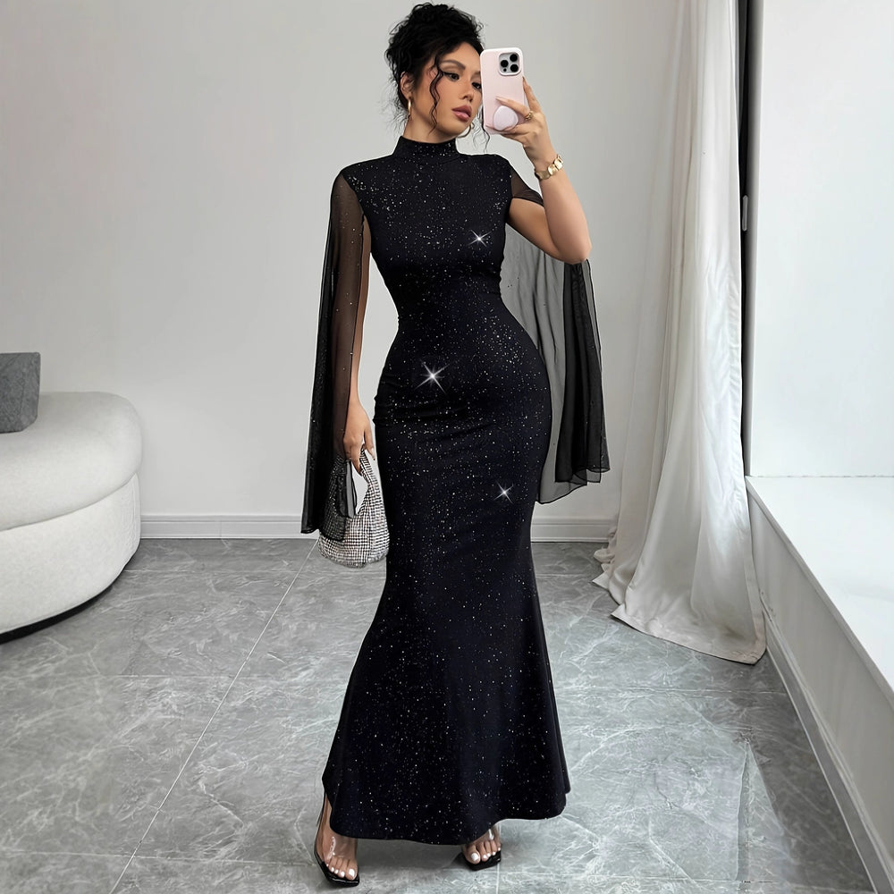 european and american women's clothing: spring/autumn stand collar sparkling cape patchwork bodycon evening gown