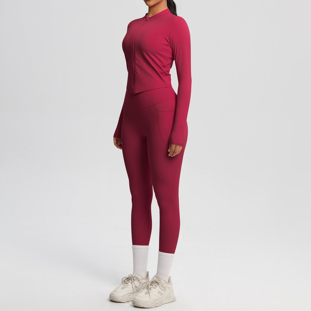 nude double-sided brushed tight long sleeves yoga suit outdoor running slimming look fitness pants sports suit women