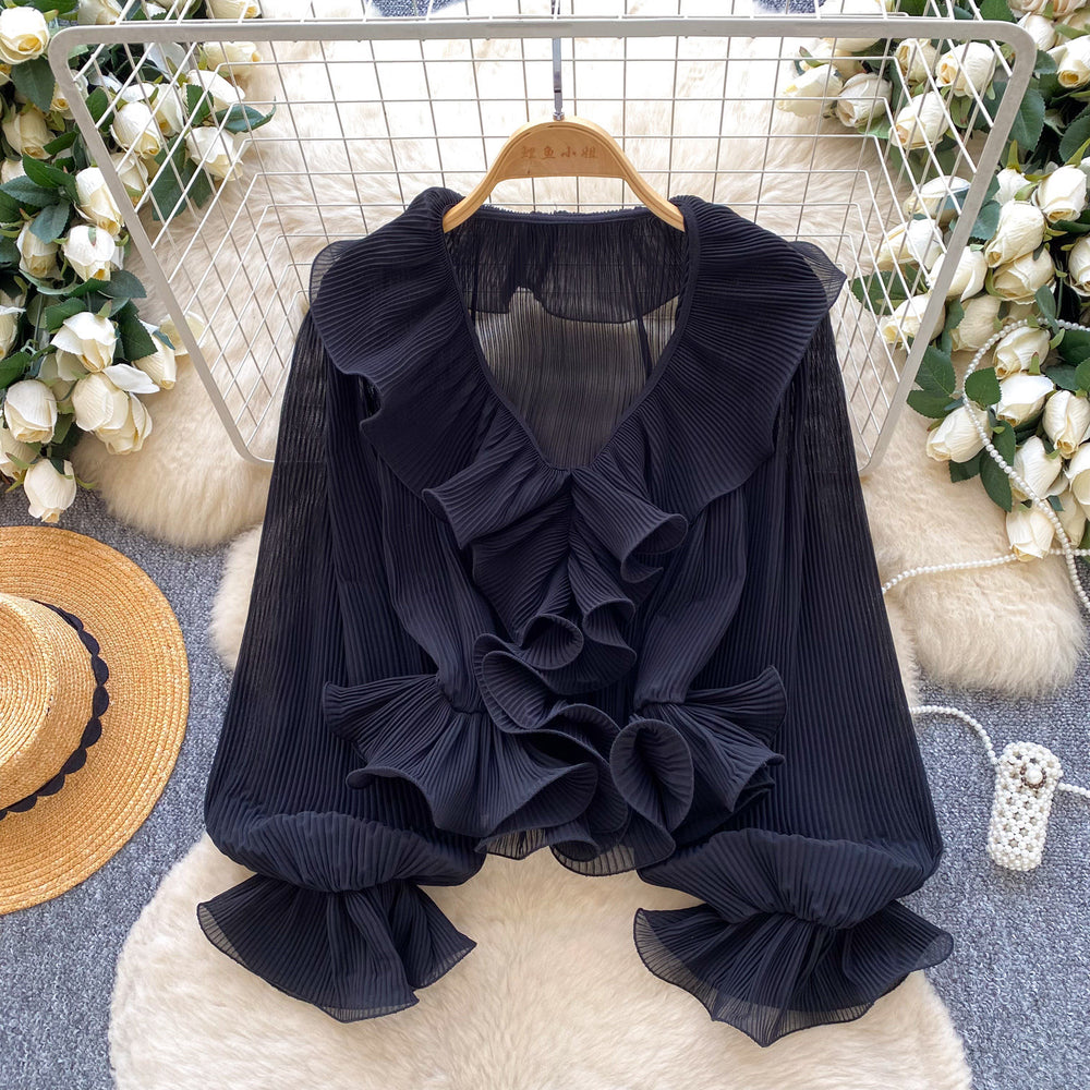 French chic v-neck ruffle trim pleated blouse - women's spring/summer long sleeve, versatile and stylish design top
