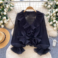 French chic v-neck ruffle trim pleated blouse - women's spring/summer long sleeve, versatile and stylish design top