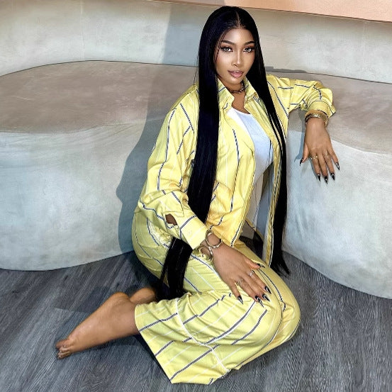 European and American large-size women's striped cardigan lapel long-sleeved shirt wide-leg pants African women's casual foreign style two-piece set