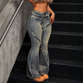 Fashionjeans women's cross-border low-waist raw edge patchwork micro-flared pants distressed washed hair must slim long denim