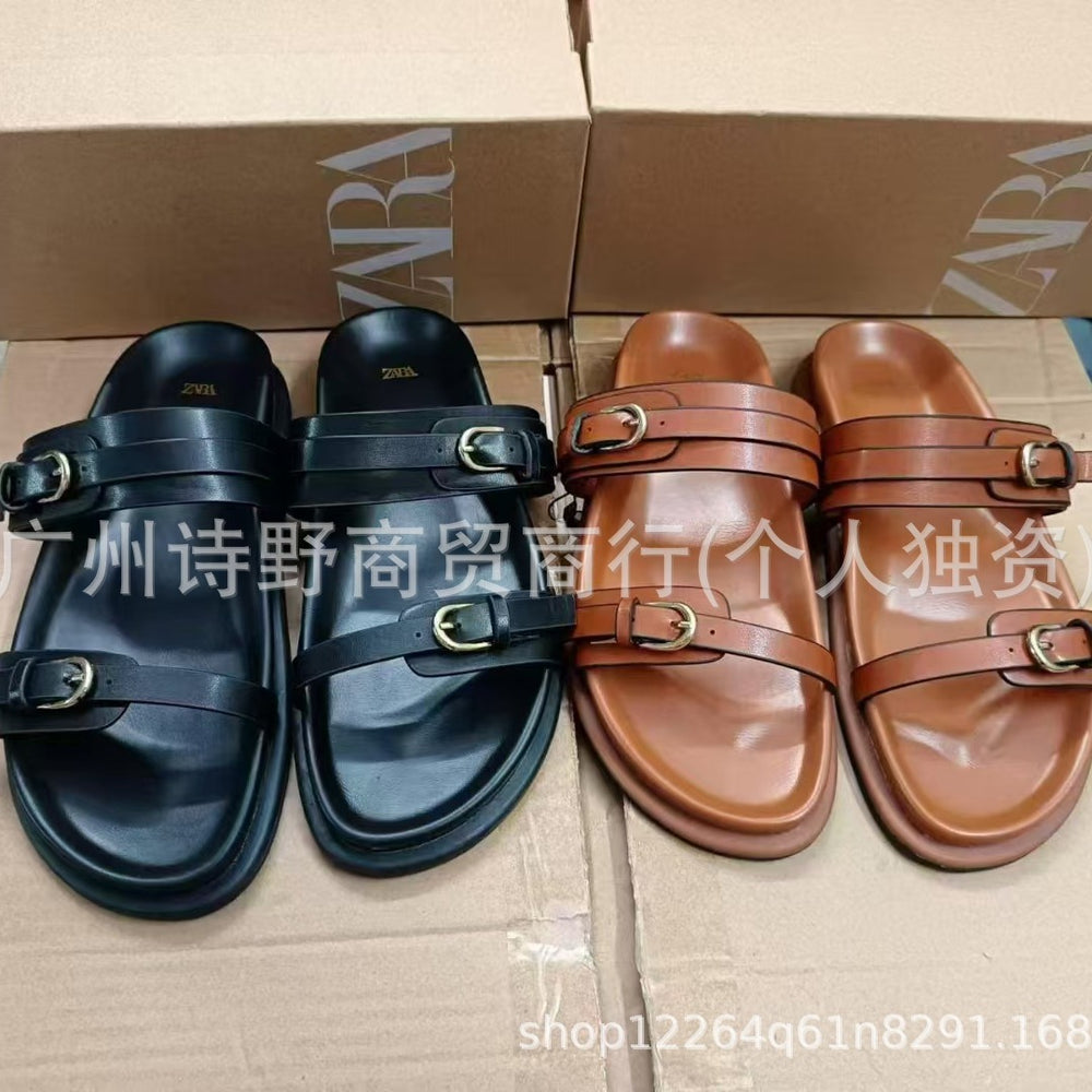 2024zaexportnew arrival women's shoes round toe one-piece buckle fashionflats shoes sandals home outwear