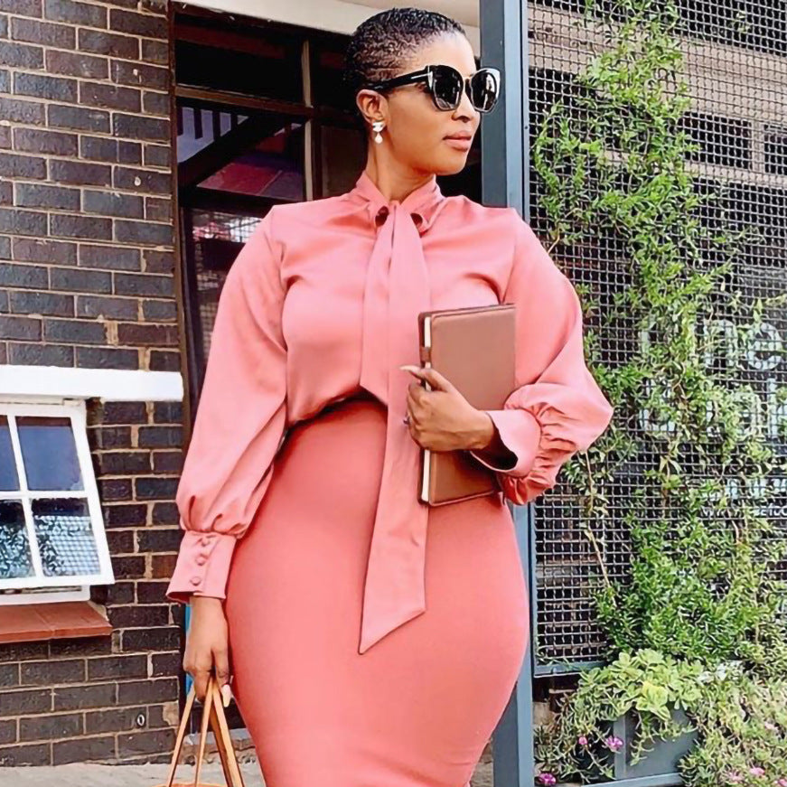 Ready-to-ship   us/eu  autumn new long sleeve solid color tie-up african top us/eu shirt