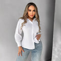 women's long-sleeve european and american solid color single-breasted cardigan loose open-back sexy blouse top - elegant