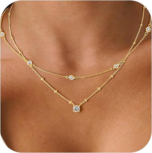Exquisite half-double-layer single diamond titanium steel necklace for women elegantaccessible luxuryclassy stacking gold beads clavicle jewelry chain necklace