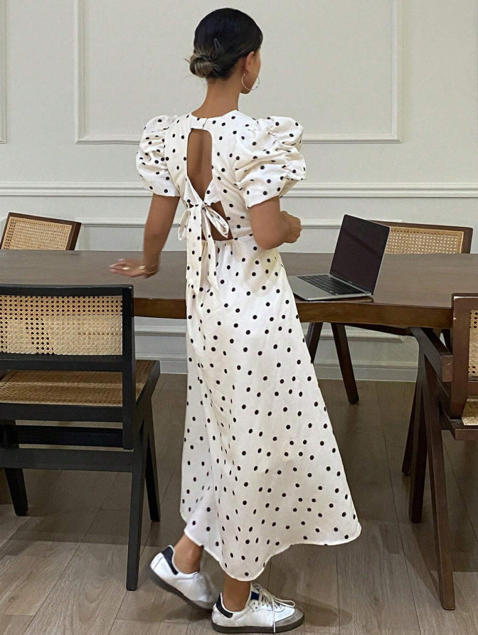 French polka dot dress women's summer  new arrival draped niche design puff sleeve elegant slimming long dress