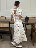 French polka dot dress women's summer  new arrival draped niche design puff sleeve elegant slimming long dress
