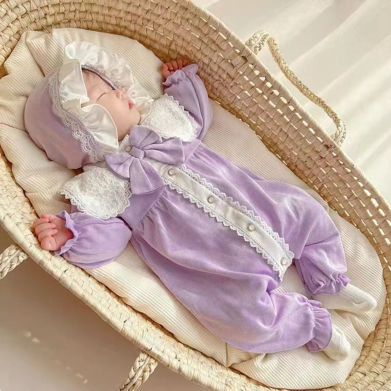 Newborn baby spring/autumn lightweight romper - stylish princess style long-sleeve jumpsuit for baby girls, perfect for outdoor wear, full month celebration, and first birthday crawling suit