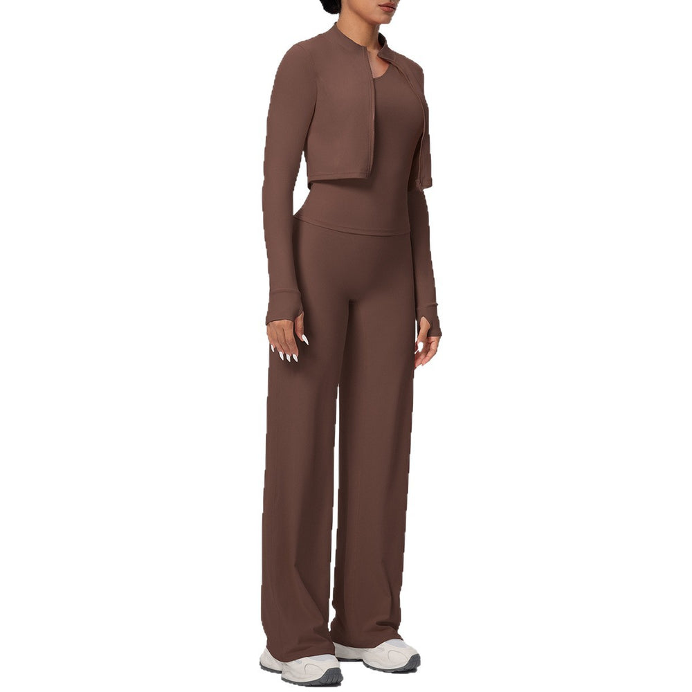 pure color brushed tight one-shoulder vest wide-leg long three-piece set sports running fitness yoga suit