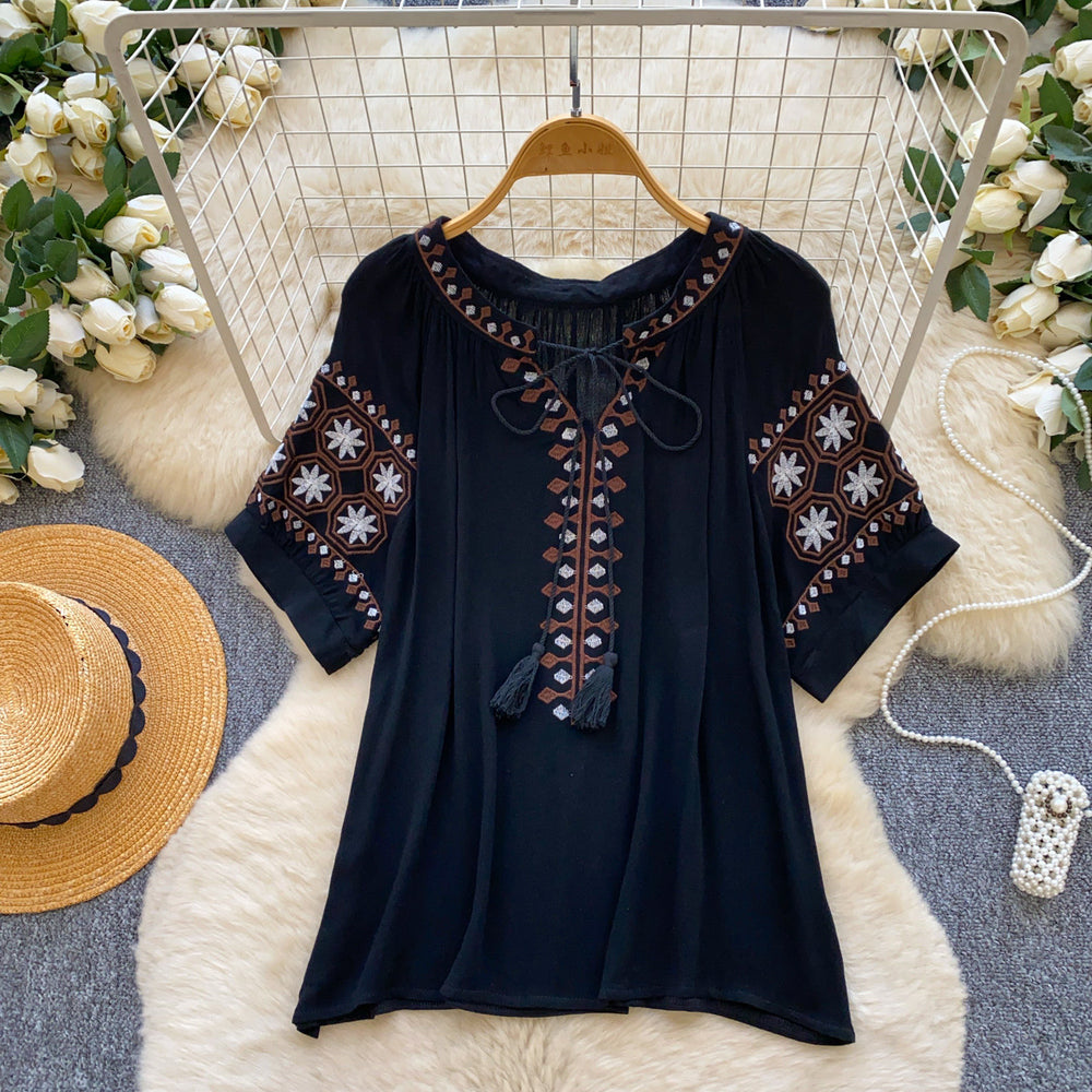 French ethnic style heavy industry embroider short-sleeved t-shirt women's korean style looseslimming look round neck tassel tops