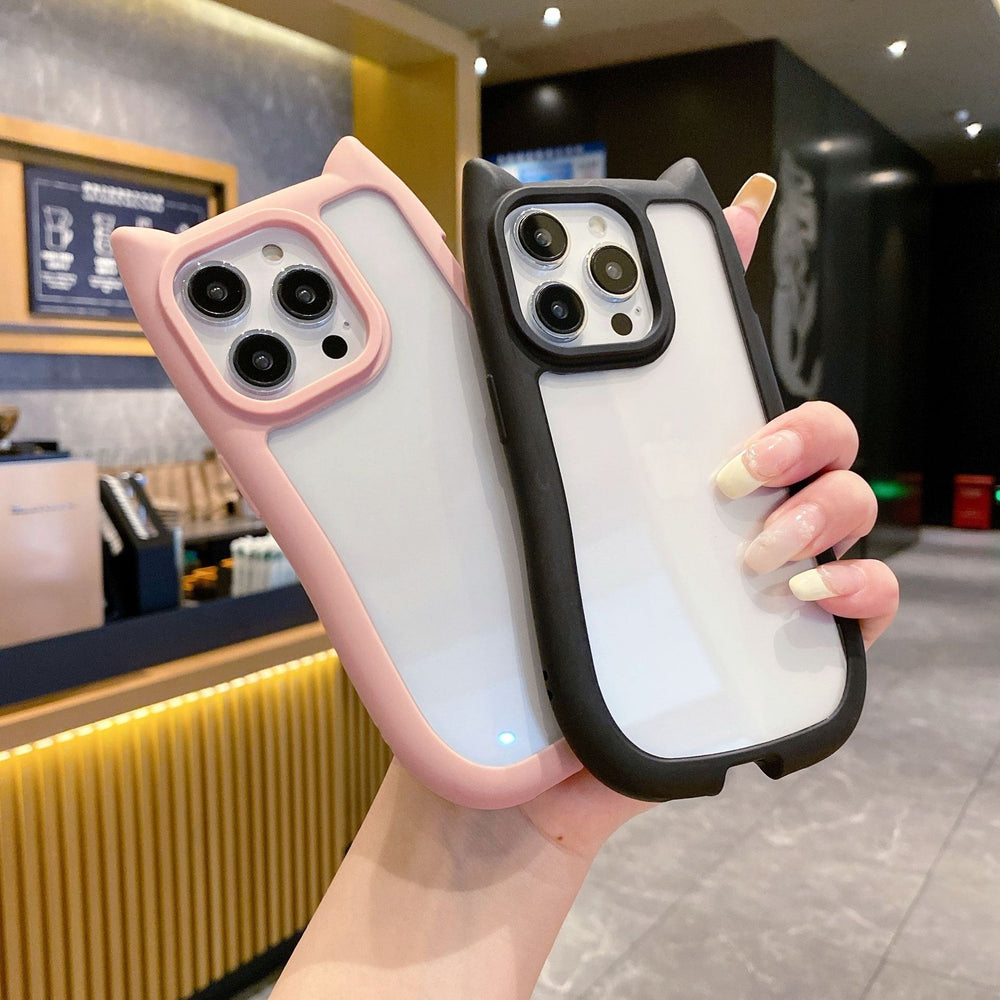 New apple 17 pro max compatible minimalist solid color cat ear phone case, iphone 15 drop-proof pc protective cover