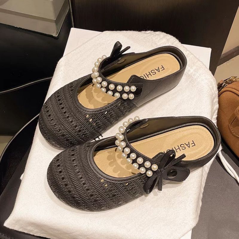 Can't shake off cut outsummer pearl toe slippers knittingfashion half slippers lazy one-leg flat toe shoes