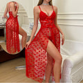 European and american style new sexy lingerie - lace see-through slip dress with mesh red heart slit maxi dress