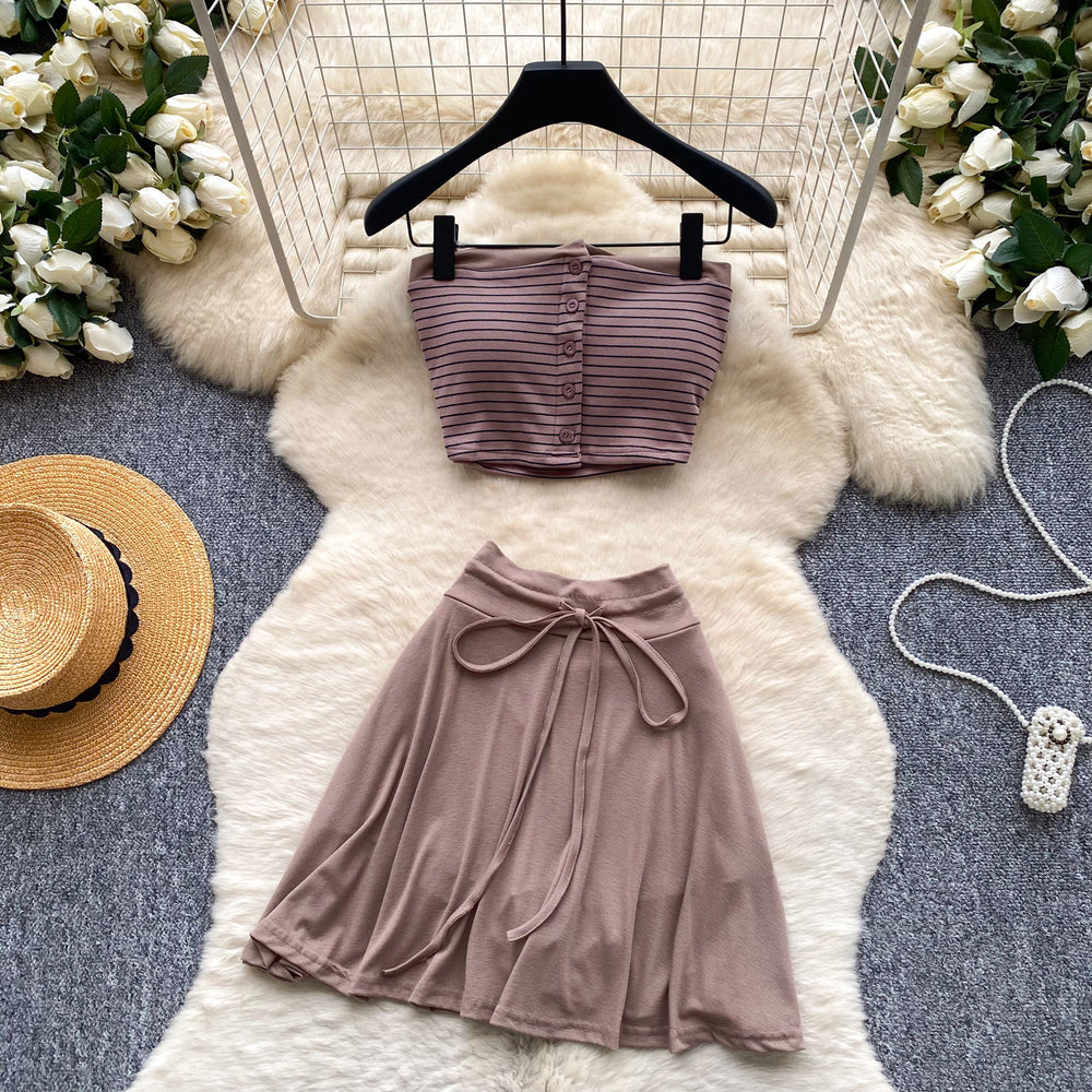 Korean style red striped bandeau top and tie-waist midi skirt set - women's summer slim fit flattering two-piece hot girl outfit