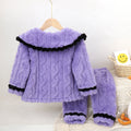 Girls' fall/winter kuromi flannel pajama set - kids' flannel cartoon lapel plush fleece thick loungewear