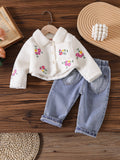 New autumn cross-border baby & toddler fleece-lined embroidered jacket & heavy-duty washed denim pants two-piece set