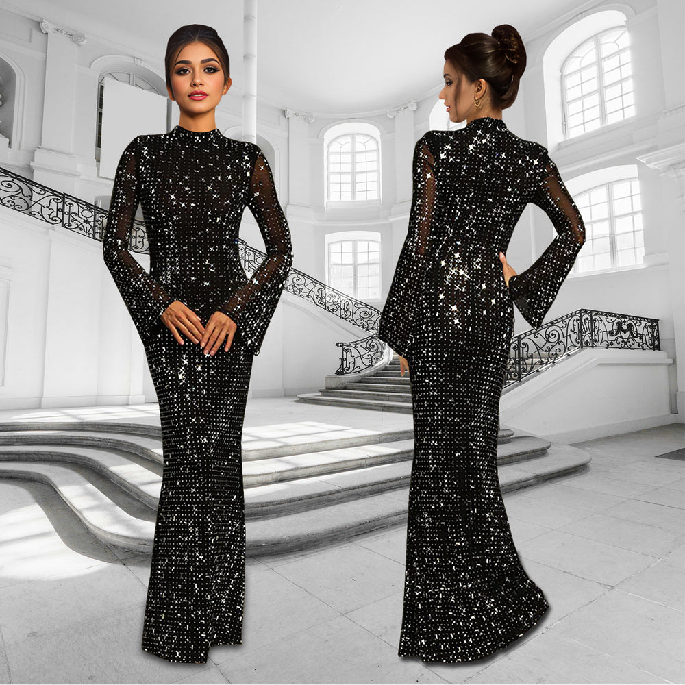 C7186 cross-border   fashion women's bodycon sexy long sleeve rhinestone dress - new arrival