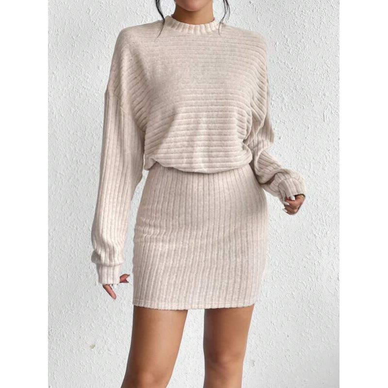 Women's knit set - long sleeve crewneck crop top and slim mini skirt outfit, autumn/winter collection