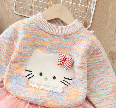 Girls' winter sweater: thickened inner layer with cartoon kitten design, knitted base layer, fleece-lined option, can be paired with a tutu skirt, crew neck