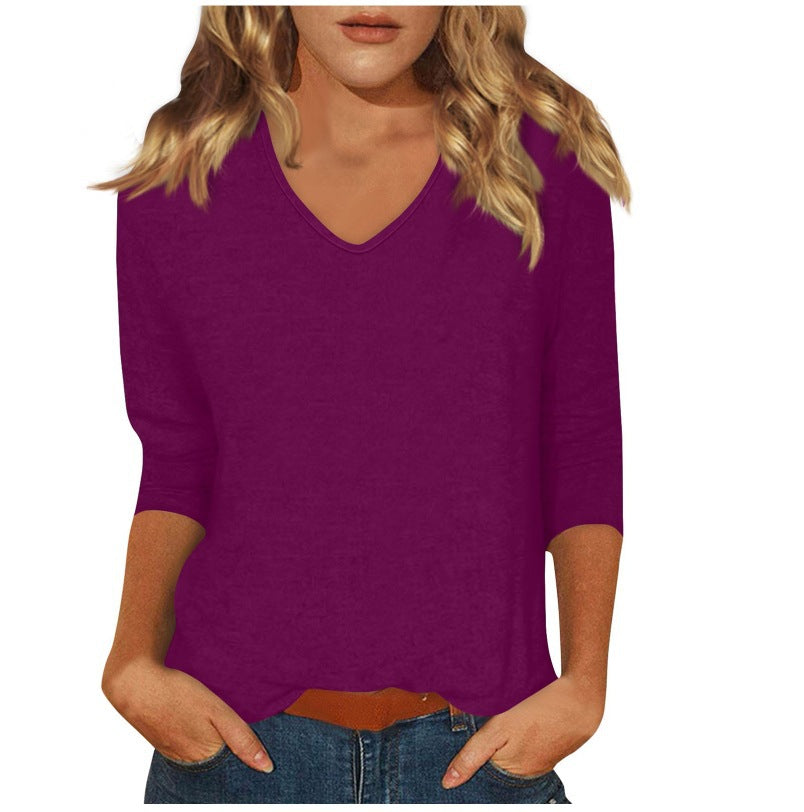 cross-border  women's everyday versatile casual v-neck solid color three-quarter sleeve t-shirt top