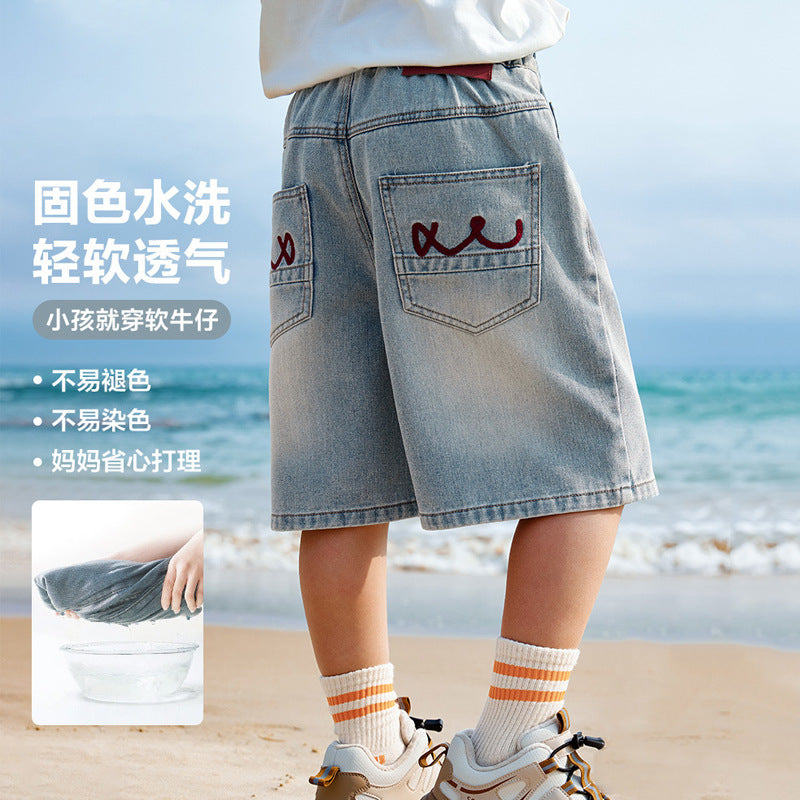 Boys' shorts summer thin style kids' denim shorts  new summer five-point shorts mid-length shorts for mid-to-large children trendy