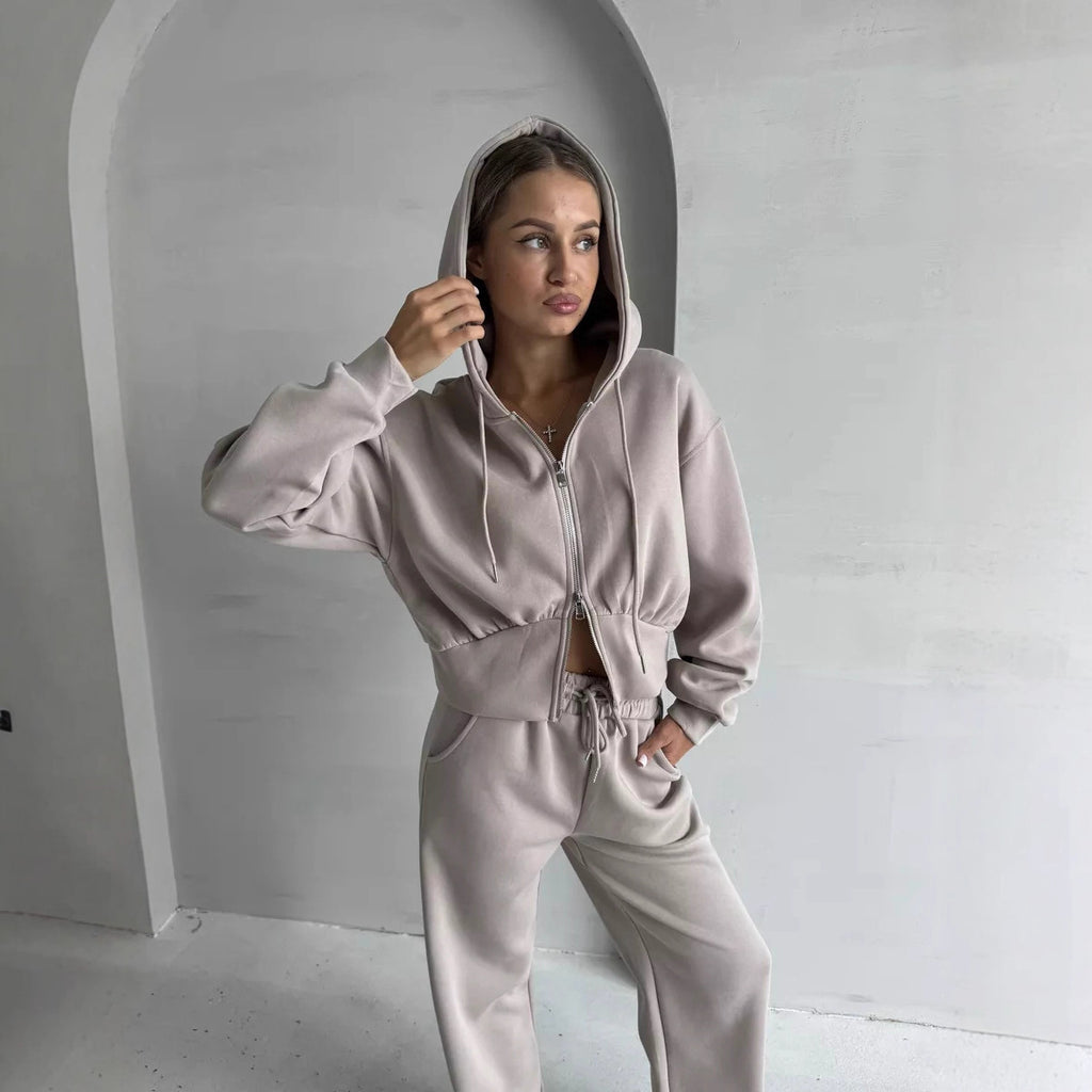 European and American  casual cotton-containing women's clothing solid color long-sleeved zipper cardigan hooded sweater lace-up waist pants two-piece set