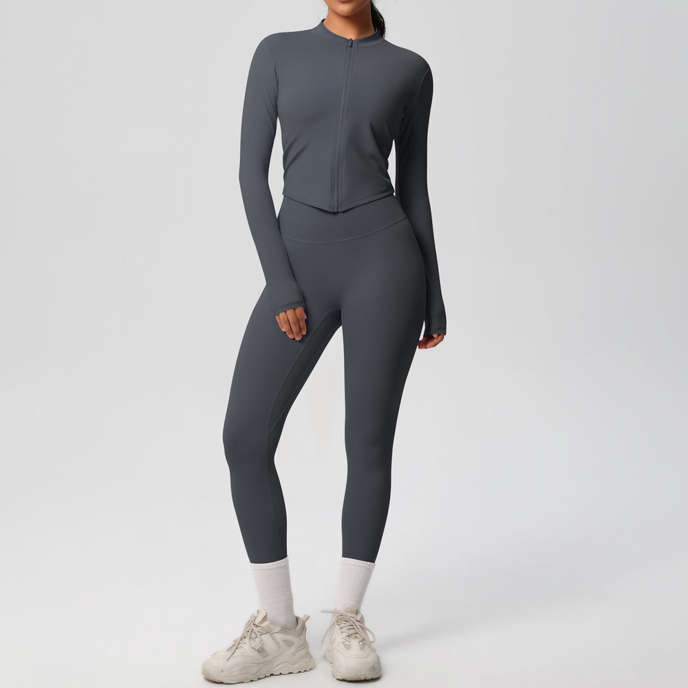 Ready-to-ship cross-border solid color double-sided brushed naked feel outerwear long sleeve set - compression running, fitness, and yoga two-piece outfit
