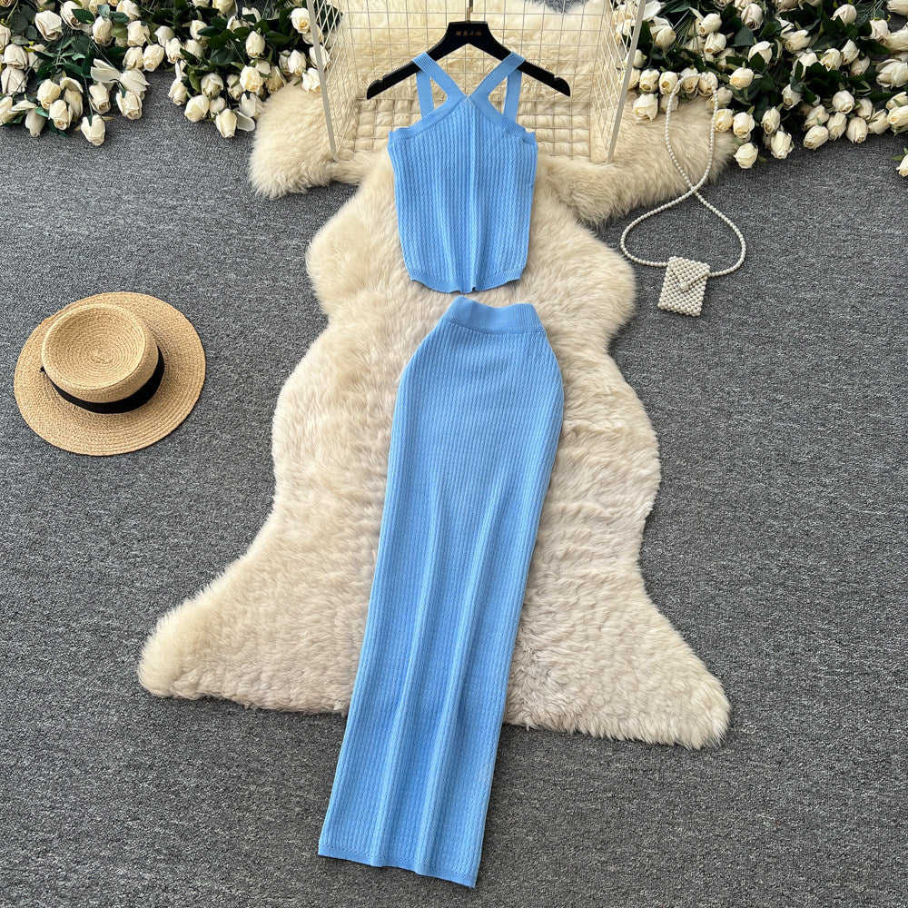 Sexy holiday style knittinghalter vest lazy high waist slit skirt women's summer elegant two-piece setwork clothing