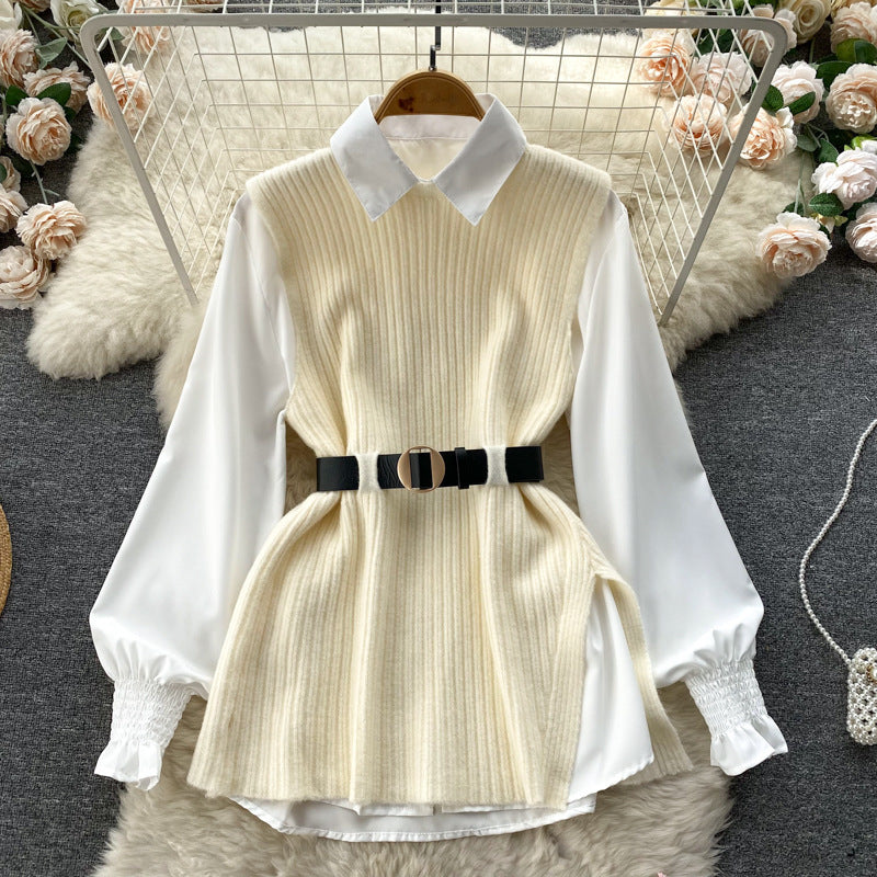 Luxury chic women's set: relaxed fit long sleeve white blouse top + slit knit vest two-piece fashion outfit