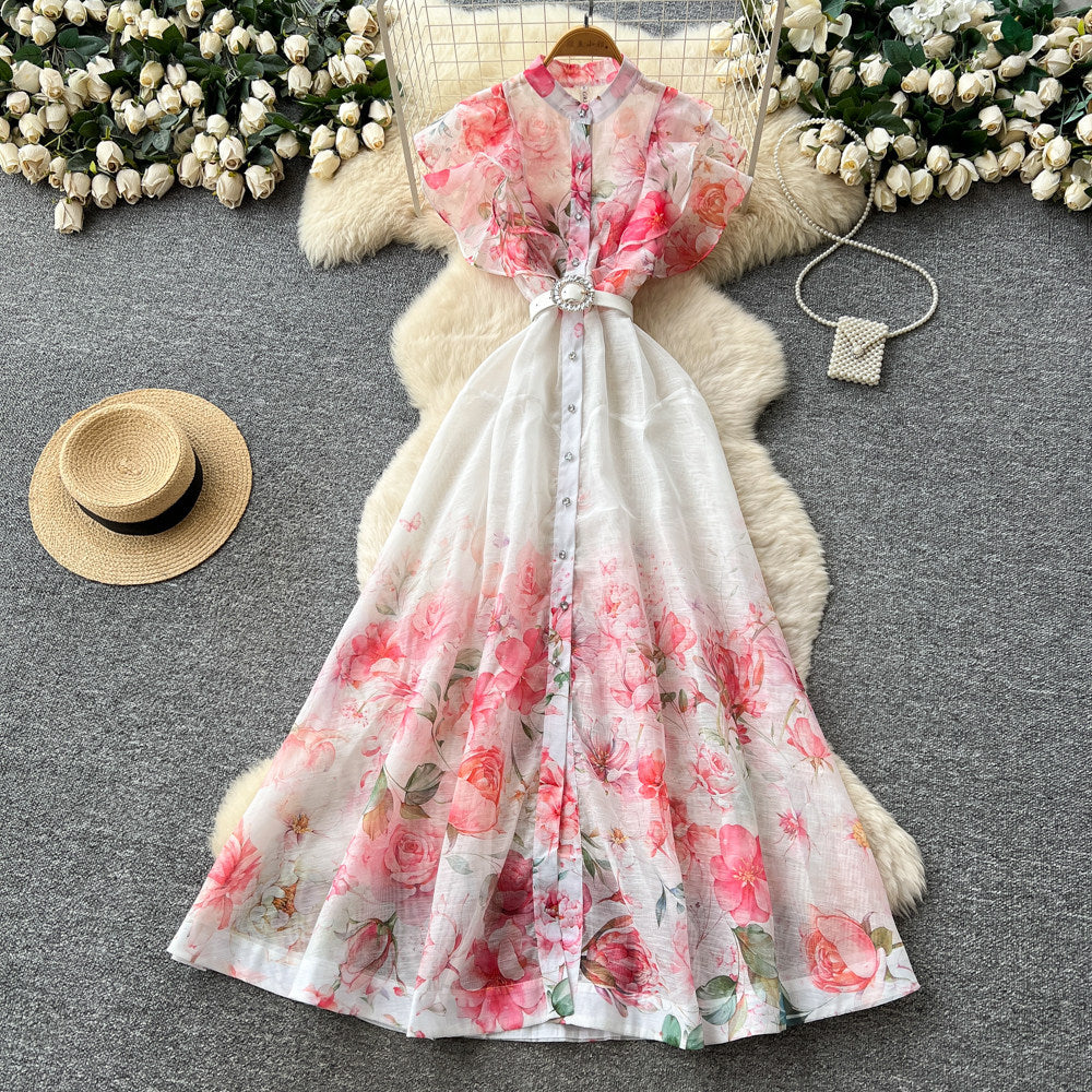 French country style printed sleeveless dress - women's new summer high-waisted slimming a-line maxi dress - elegant commute dress