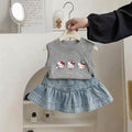 Girls'  summer comfortable cartoon cat tank top set, baby girl casual sweet denim skirt two-piece outfit