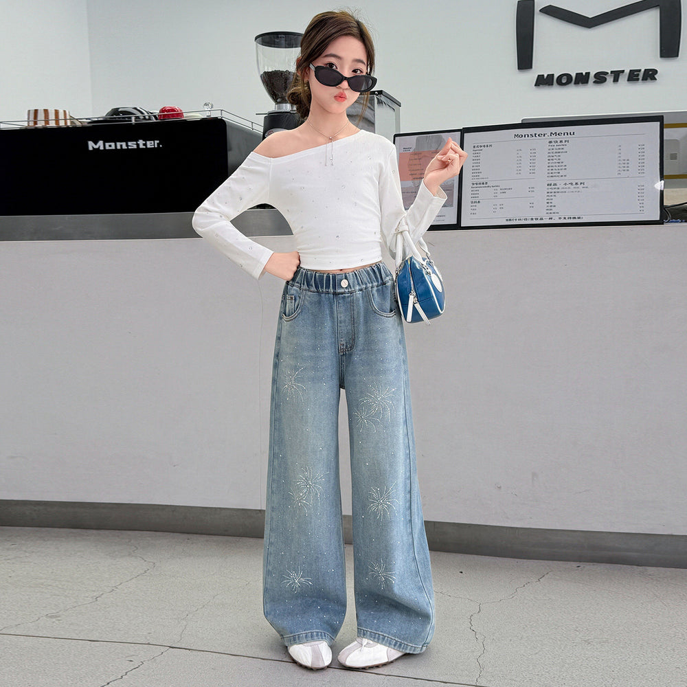 Girls' korean style rhinestone fireworks denim wide-leg pants - spring/autumn kids' high-waisted  new arrival - slimming straight-leg, stylish and trendy