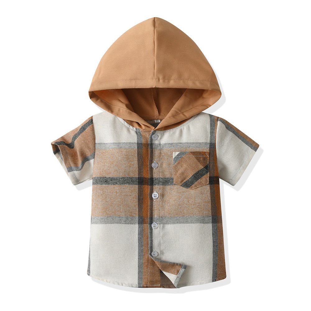 Factory boys' shirts - british style summer new arrivals - kids' casual short-sleeve plaid shirts - big & tall boys' hooded shirts - custom orders available