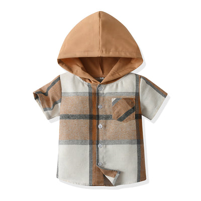 Factory boys' shirts - british style summer new arrivals - kids' casual short-sleeve plaid shirts - big & tall boys' hooded shirts - custom orders available