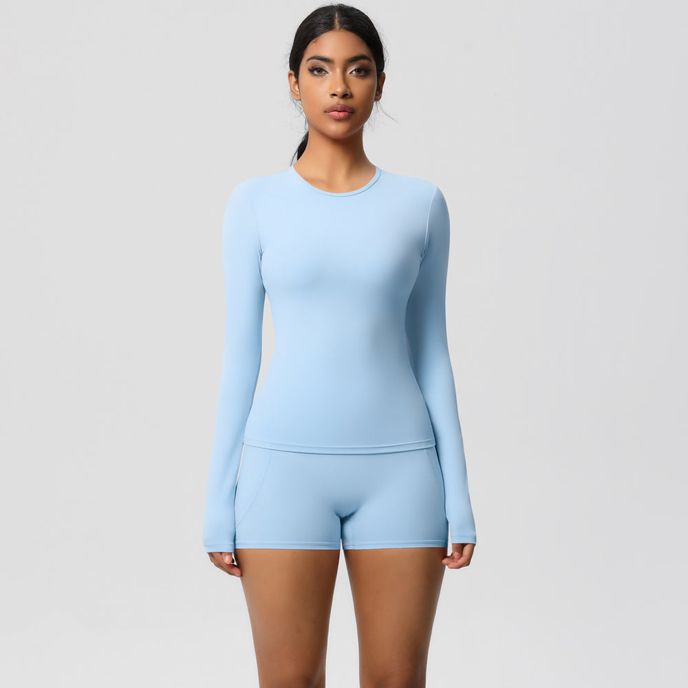 European and american solid color slim-fit long sleeve t-shirt yoga outfit set - high-waisted, barely-there feel, quick-dry activewear two-piece set for running and fitness