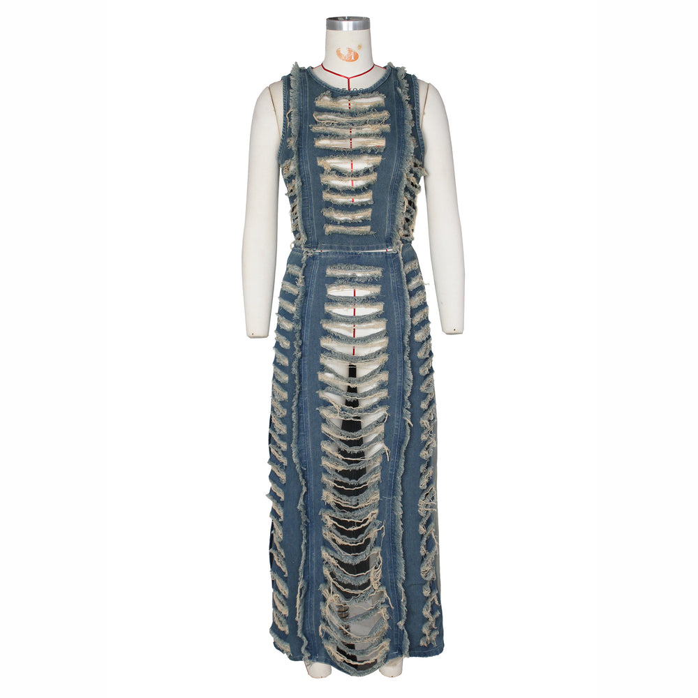 European and american women's denim set - cross-border fashion, trendy & unique hand-worked distressed vest with high-slit denim skirt