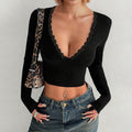 Amazon cross-border women's fashion: european and american sexy sweet & spicy t-shirt - spring/summer deep v design long sleeve base layer top